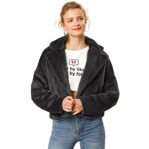 Cropped Jacket Notch Lapel Faux Fur Fluffy Coat Black